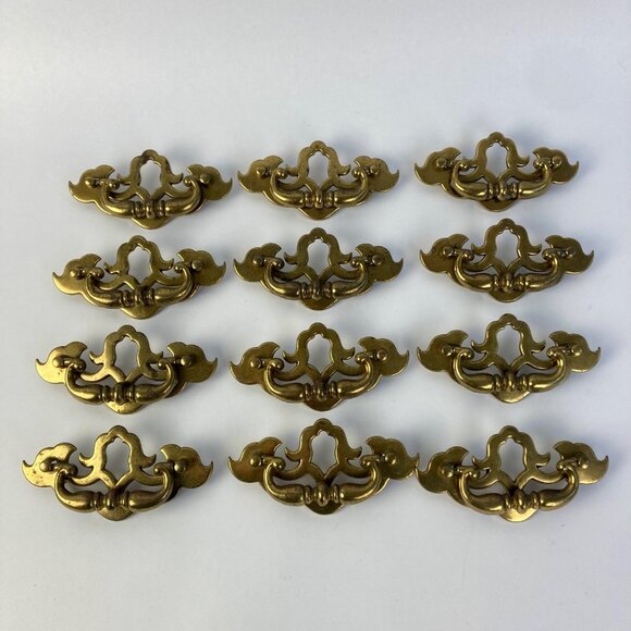 Lot of 12 Vintage Gilded Brass Drawer Pulls 657 Batwing Drop Bail - Picture 1 of 6